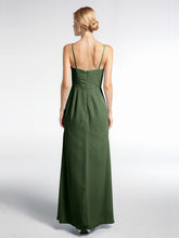 Robe Longue Simple en Mousseline à Col en V Et Bretelles Spaghetti Olive Verte