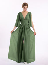 Profond Col En V Mousseline Robes Avec Fente Olive Verte