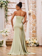 Robe Fourreau Sexy en Satin Doux à Bretelles Spaghetti avec Fente Sauge Poudrée