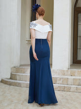Robe Fourreau Appliquée Longueur au Sol Bleu Marine Clair