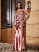 Robe de Soirée Sirène à Col en V en Satin avec Traîne Balayage Rose Poudré Grande Taille