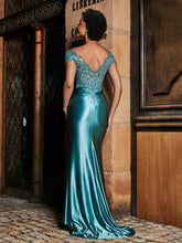 Robe de Soirée Sirène à Col en V en Satin avec Traîne Balayage Jade Grande Taille