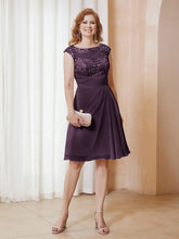 Robe de A-ligne en Mousseline avec Encolure Illusion Longueur aux Genou en Dentelle Plum