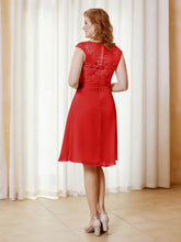 Robe de A-ligne en Mousseline avec Encolure Illusion Longueur aux Genou en Dentelle Rouge