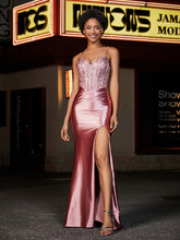 Robe de Soirée en Satin Longueur au Sol à Col en Cœur Rose Poudré