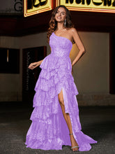Robe de Soirée de A-ligne à Une Épaule en Tulle avec Traîne Balayage Lilas Grande Taille