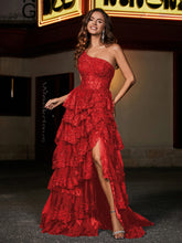 Robe de Soirée de A-ligne à Une Épaule en Tulle avec Traîne Balayage Rouge