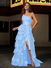Robe de Soirée de A-ligne à Une Épaule en Tulle avec Traîne Balayage Bleu Ciel