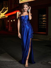 Robe de Soirée en Satin Sirène à Hors de l'Épaule avec Traîne Balayage Bleu Marine Clair