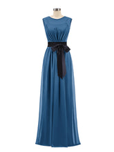 FAUX-Wrap Mousseline Robe avec Ceinture Noire Bleu Encre