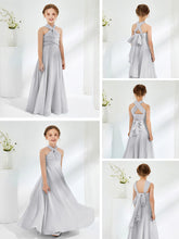 Robes de Demoiselle d'Honneur Junior A-ligne Sans Manches à Col Licou Argent