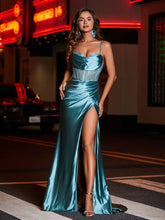 Robe de Soirée Fourreau en Satin avec Traîne Balayage Jade