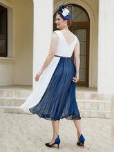 Robe de A-ligne Sans Manches en Mousseline Longueur de Mollet Bleu Marine Clair