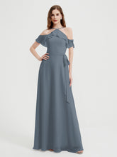 Y-Col Flotter Manches Longues Robes De Demoiselle d'Honneur Bleu de Schiste