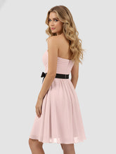 Col en Cœur Robe Courte avec Ceinture Noire Rose Poudré