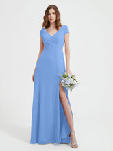 Robe de A-ligne en Mousseline à Col en V avec Fente Bleu