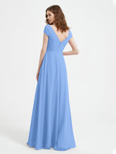 Robe de A-ligne en Mousseline à Col en V avec Fente Bleu