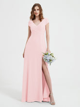Robe de A-ligne en Mousseline à Col en V avec Fente Rose Pâle
