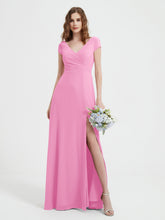 Robe de A-ligne en Mousseline à Col en V avec Fente Rose Bonbon