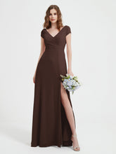 Robe de A-ligne en Mousseline à Col en V avec Fente Chocolat