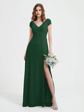 Robe de A-ligne en Mousseline à Col en V avec Fente Vert Foncé