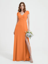 Robe de A-ligne en Mousseline à Col en V avec Fente Orange