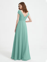 Robe de A-ligne en Mousseline à Col en V avec Fente Turquoise