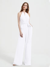 Jumpsuit Plissé Sans Manches à Encolure Licou avec Ceinture Blanc