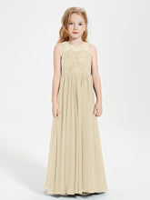 Robes Longues de Demoiselle d'Honneur Junior Haut en Dentelle Illusion Champagne