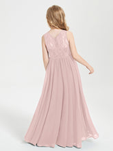 Robes Longues de Demoiselle d'Honneur Junior Haut en Dentelle Illusion Rose Poudré