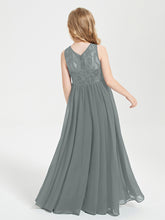 Robes Longues de Demoiselle d'Honneur Junior Haut en Dentelle Illusion Gris Acier