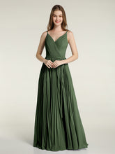 Col En V Complète Plissé Jupe Robes Avec Nœud Ceinture Olive Verte