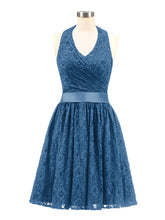Licou Col en V Dentelle Robe avec Satin Ceinture Bleu Encre