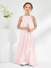 Robes de Demoiselle d'Honneur Junior à Encolure Bateau avec Ceinture Rose Pâle
