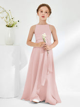Robes de Demoiselle d'Honneur Junior à Encolure Bateau avec Ceinture Rose Poudré