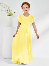 Robes de Demoiselle d'Honneur Junior à Col en V avec Manches Flottantes Citron