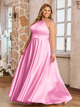 A-ligne Robes Maxi à Licou en Satin avec Poches Rose Bonbon Grande Taille