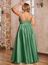A-ligne Robes Maxi à Licou en Satin avec Poches Emeraude Grande Taille
