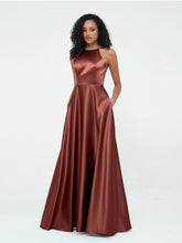 A-ligne Robes Maxi à Licou en Satin avec Poches terracotta