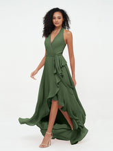 Robes Asymétriques à Licou en Mousseline à Col en V Profond Olive Verte