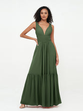 Robes Boho en Mousseline à Col en V Profond avec Jupe à Plusieurs Niveaux Olive Verte