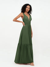 Robes Boho en Mousseline à Col en V Profond avec Jupe à Plusieurs Niveaux Olive Verte