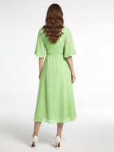 Robe en Mousseline à Col en V avec Demi-Manches Longueur de Mollet Sauge