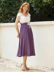 Col en V Mousseline Robe avec Bustier Appliqué Ivoire Raisin