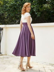 Col en V Mousseline Robe avec Bustier Appliqué Ivoire Raisin