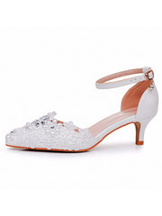 Chaussures de Mariage Blanches en Dentelle et Strass à Bout Pointu