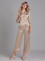 Ensembles de Pyjamas Longs en Satin avec Dentelle pour Femmes