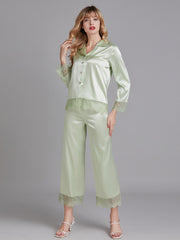 Ensembles de Pyjamas Longs en Satin avec Dentelle pour Femmes
