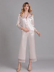Ensembles de Pyjamas Longs en Satin avec Dentelle pour Femmes