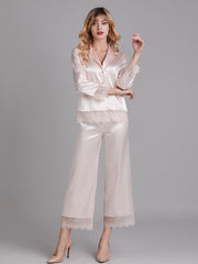 Ensembles de Pyjamas Longs en Satin avec Dentelle pour Femmes